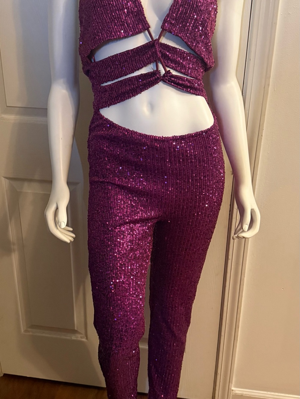 Fashion Nova Sequined Cutout Jumpsuit - Magenta